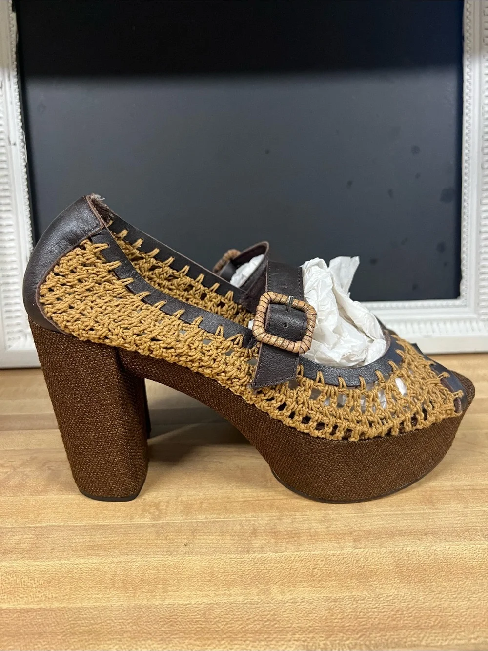 Unleashed Boho macrame chunky Mary Jane strap heels